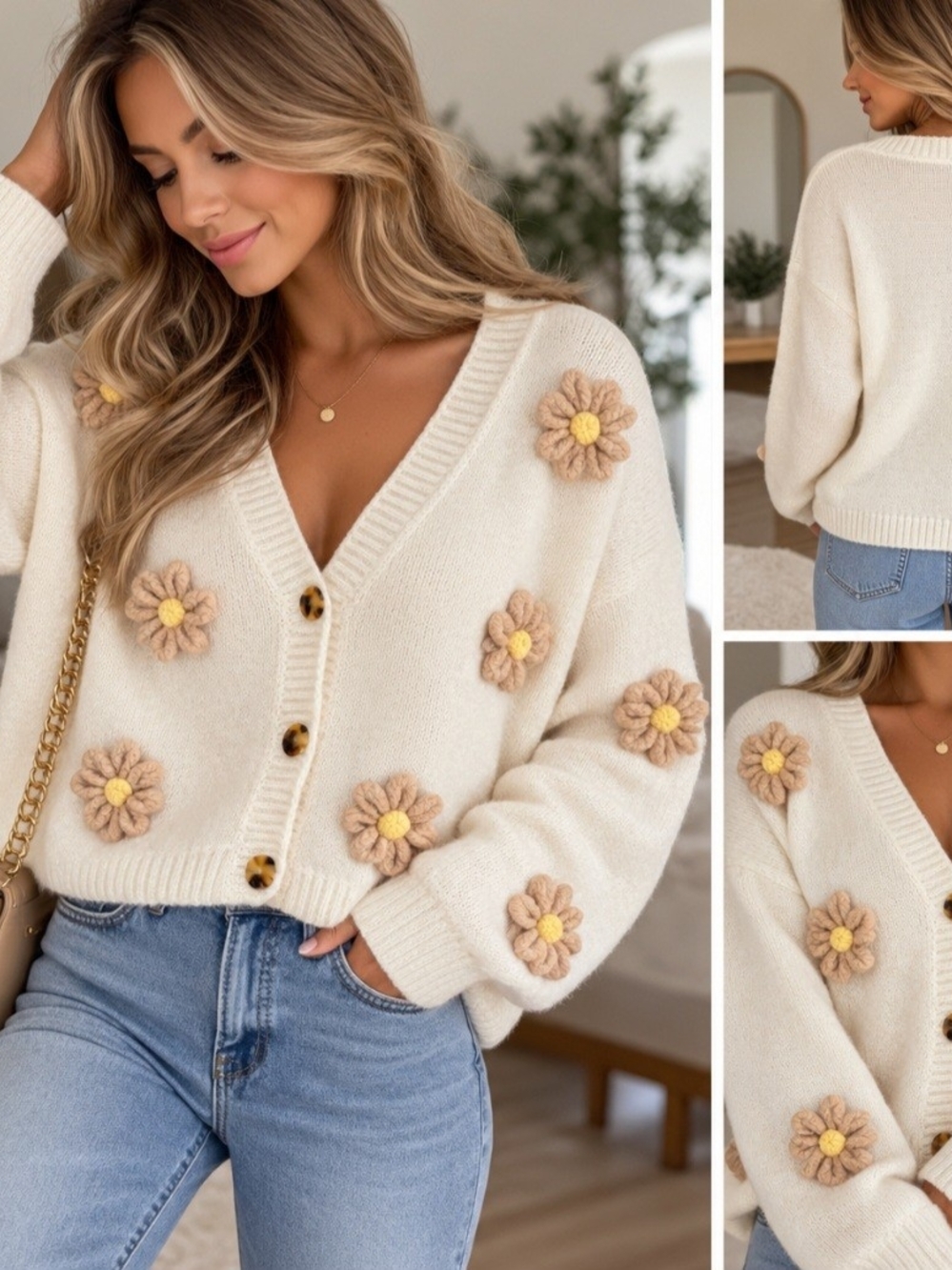 V-Neck Cream Daisy Appliqué Button Cardigan Sweater